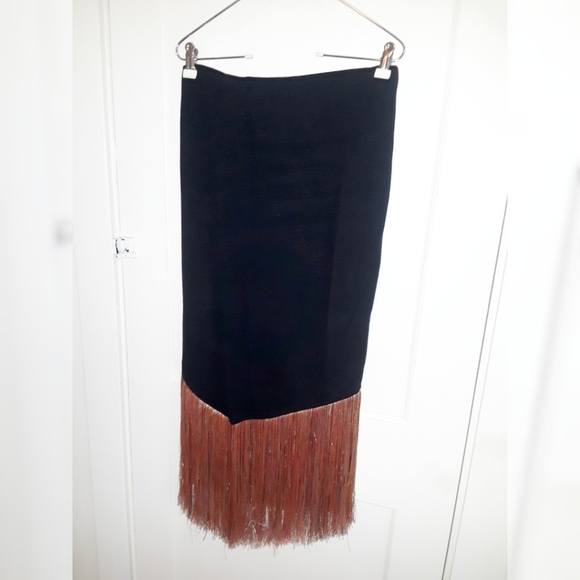Zara Black Fringe Skirt With Split - Picture 1 of 2